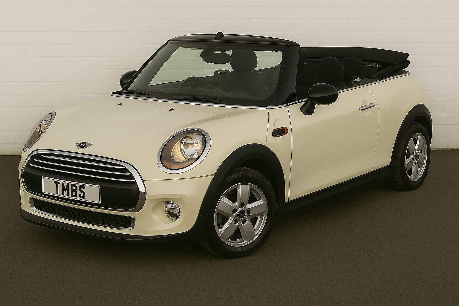 MINI F57 Convertible outside The MINI Specialist with roof down and TMBS plate visible