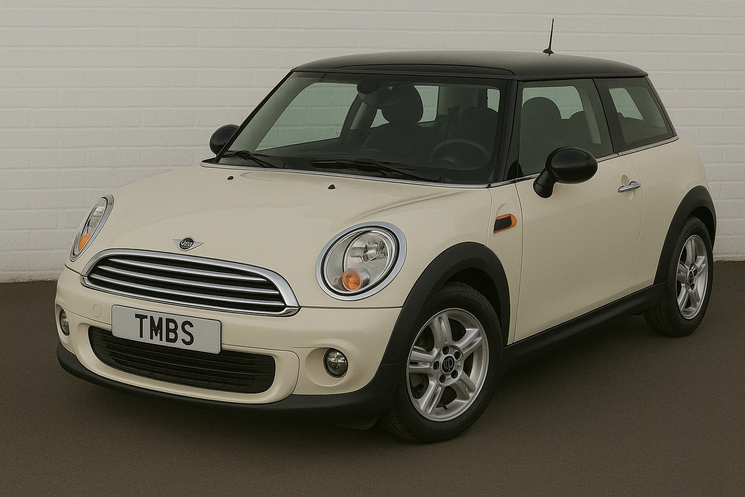 Front view of a white MINI R56 Cooper with TMBS number plate at The MINI Specialist garage